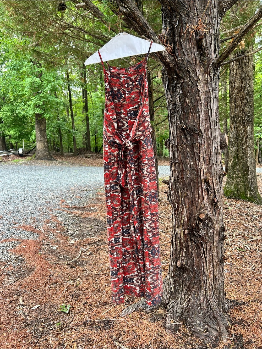 Greylin Red Patterned Tie-Front Wide-Leg Jumpsuit, size M